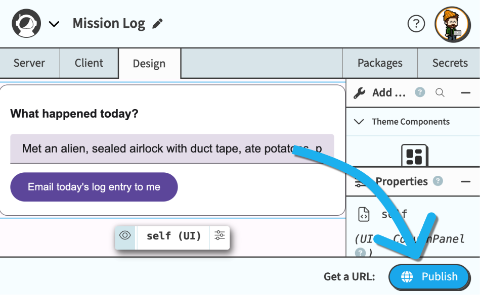 Annotated image of the editor with the Publish button at the bottom right of the widget editor.