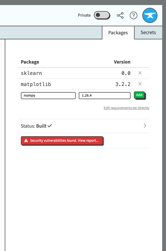 Adding the `numpy` package to a widget's Python environment.