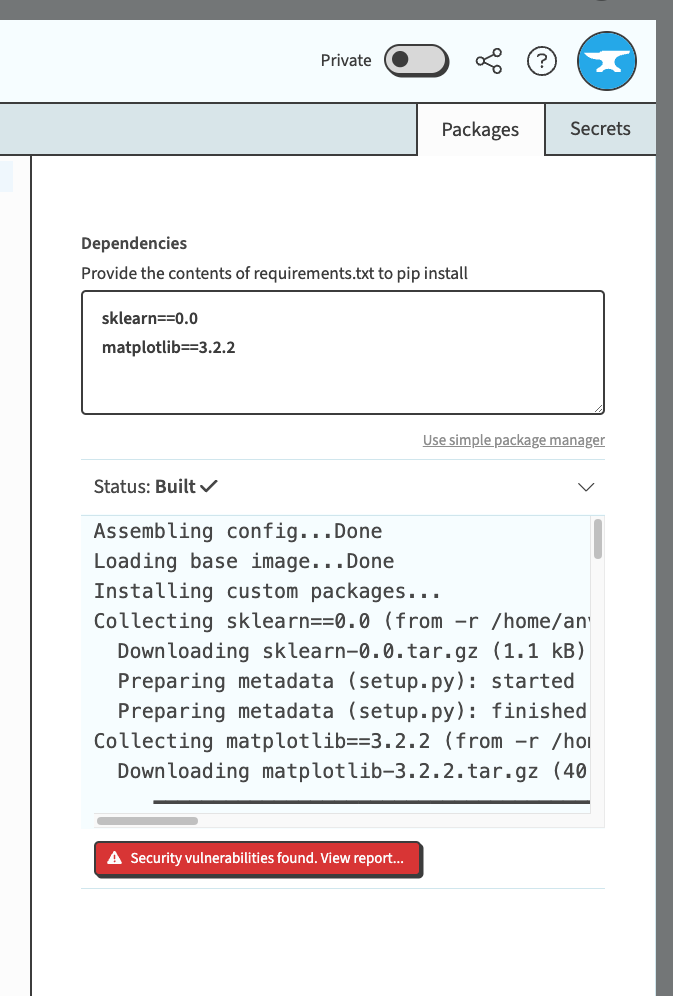 A screenshot of the build output in the Packages tab of a widget