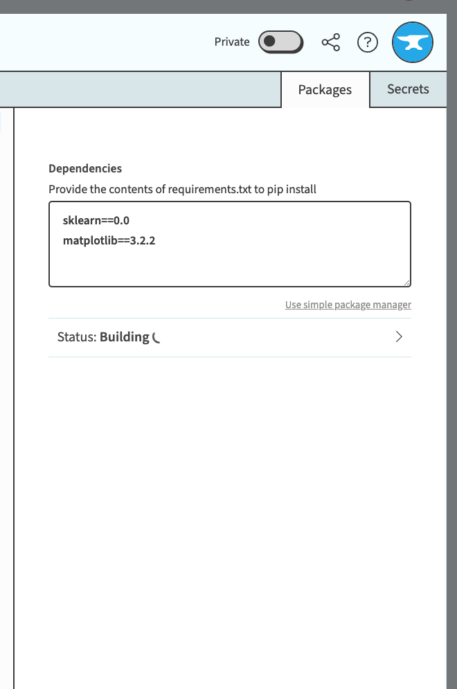 A screenshot of the text editor to edit the `requirements.txt` file from the Packages tab