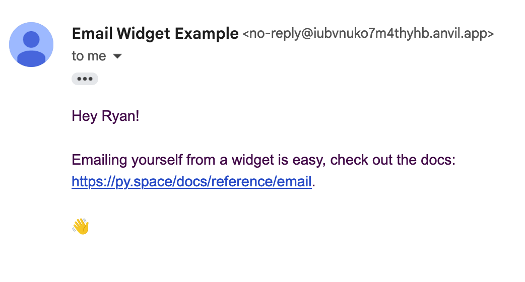 The example email in the widget owner's inbox