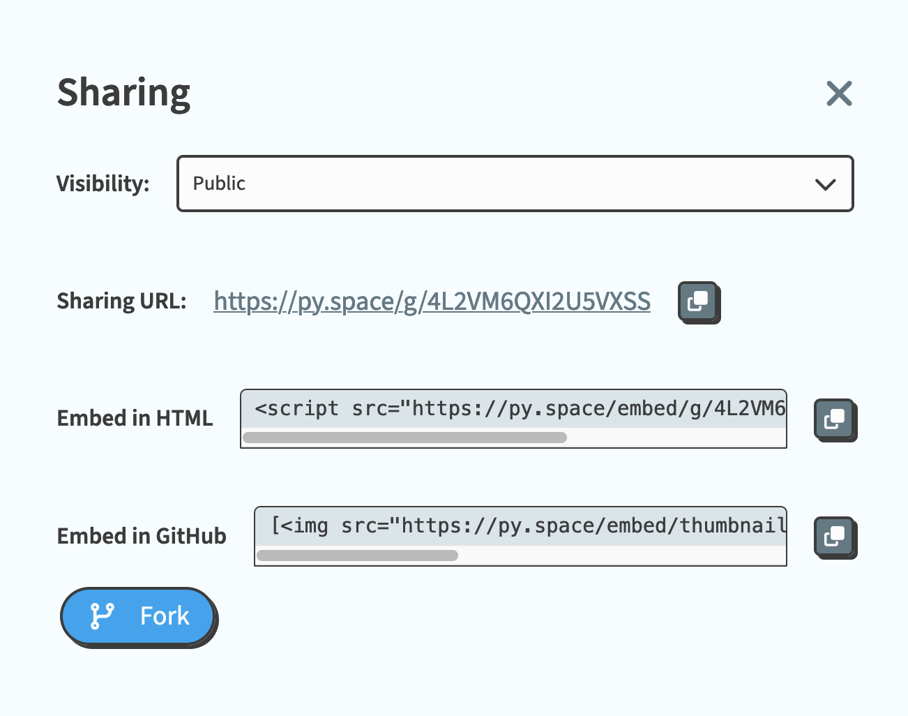 The sharing modal showing both options for embedding with HTML or GitHub