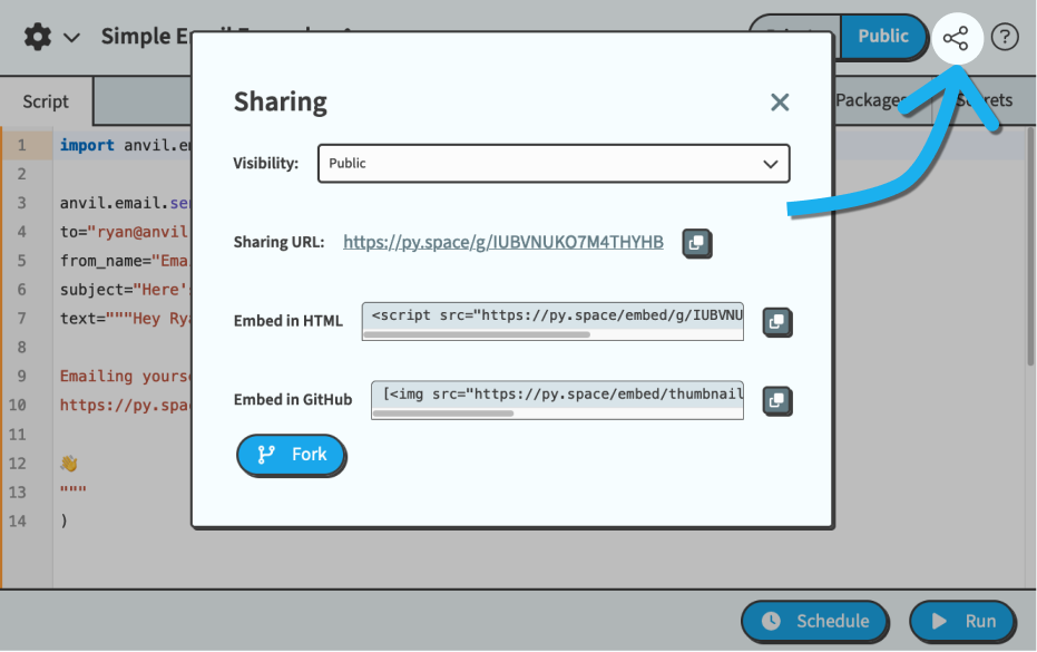 Annotated image of the editor with the share button highlighted in the top right.